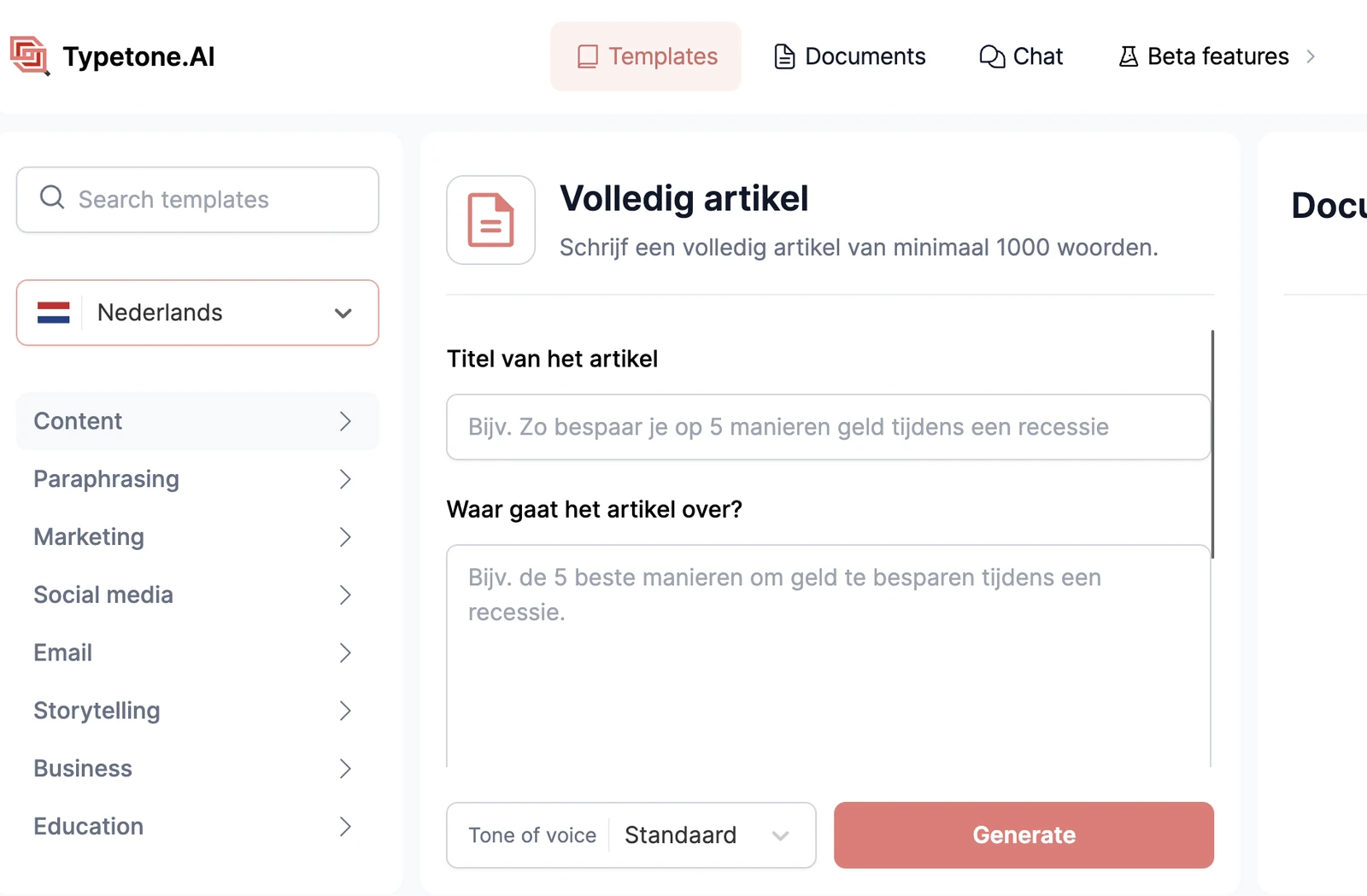 Meilleur assistant de rédaction IA néerlandais - Typetone AI avec des modèles de contenu IA néerlandais