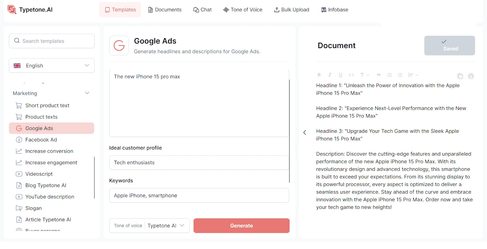Modèles Google Ads de Typetone AI