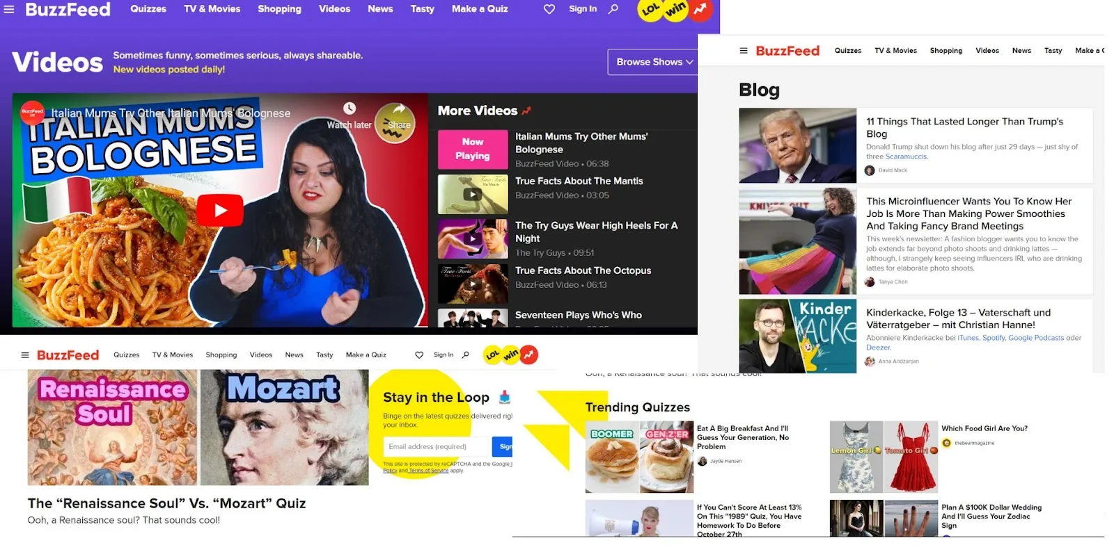 Exemple de content marketing : le site de Buzzfeed montrant leurs différents types de contenus, comme les quiz et les articles de blog.