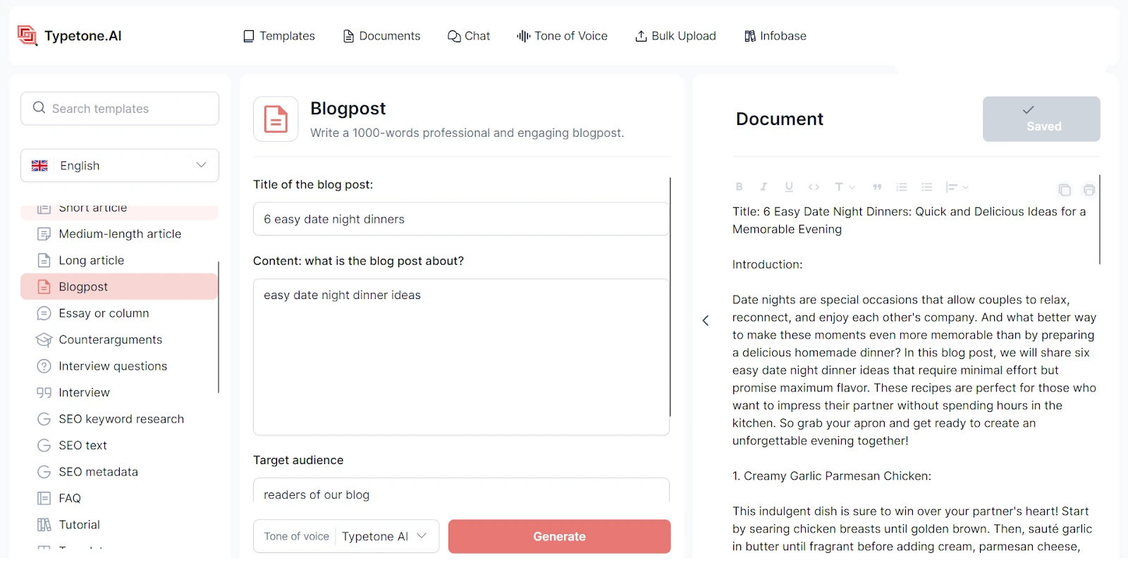 Modèle d'article de blog Typetone AI pour créer du contenu