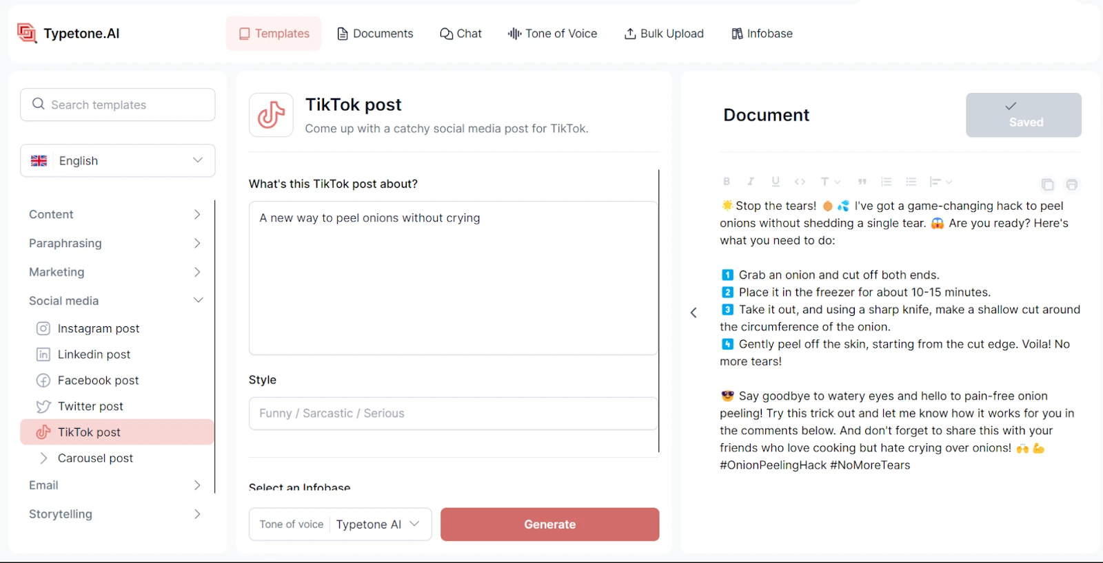 Modèle de publication TikTok Typetone AI pour créer du contenu