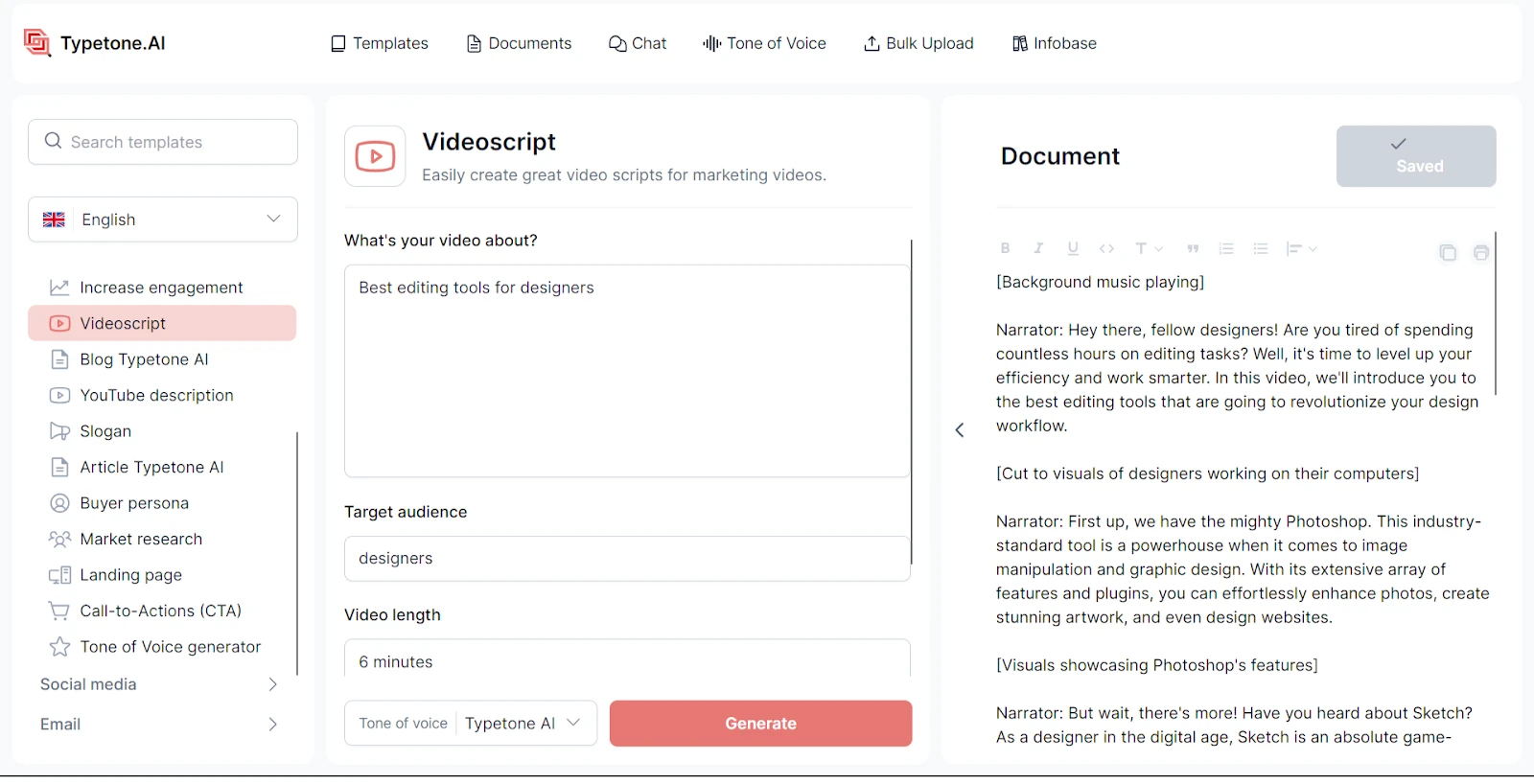 Modèle de script vidéo Typetone AI pour créer du contenu