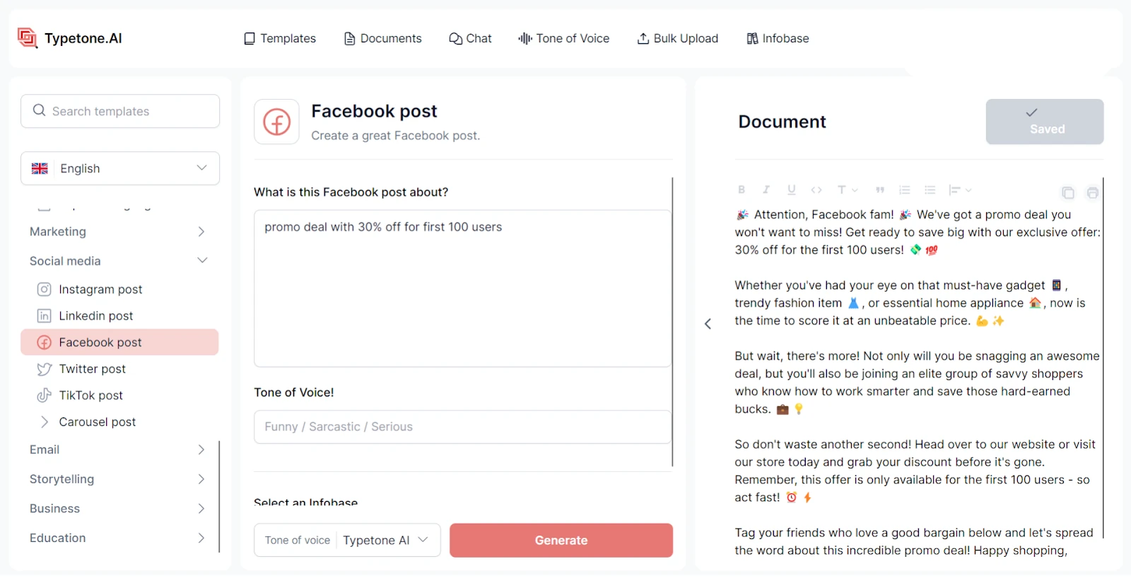 Modèle de publication sur les réseaux sociaux Typetone AI pour créer du contenu