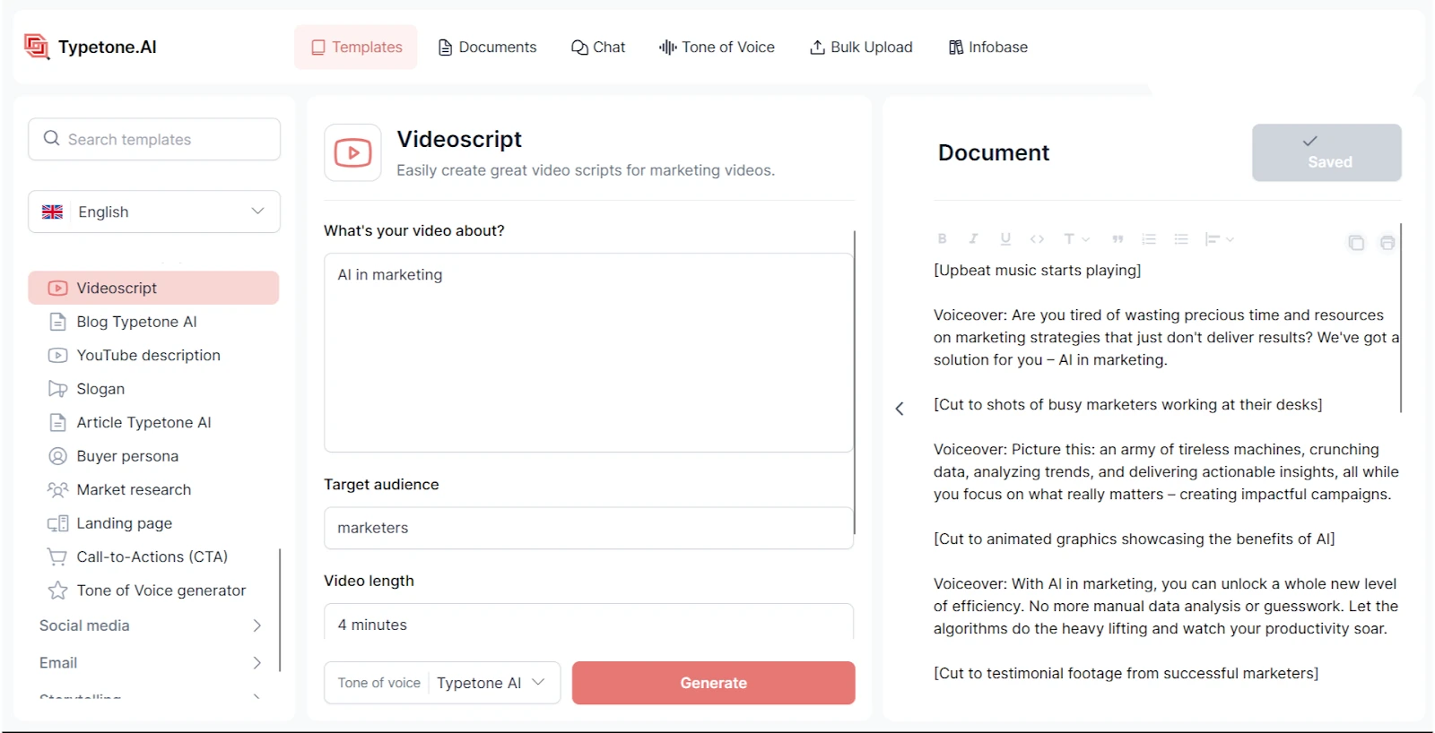 Modèle de script vidéo Typetone AI pour créer du contenu