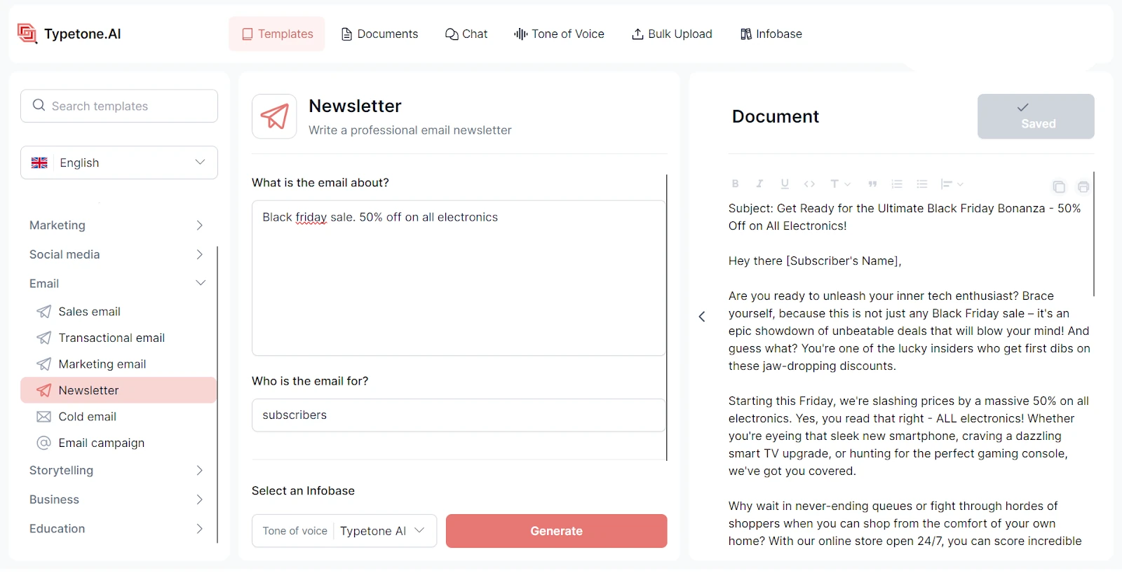 Modèle de newsletter Typetone AI pour créer du contenu