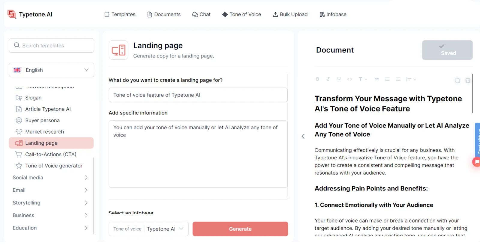 Modèle de page d'atterrissage Typetone AI pour créer du contenu