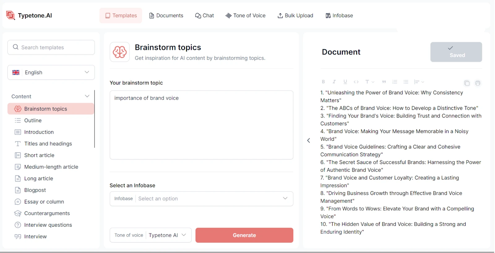 Modèle de brainstorming Typetone AI pour créer du contenu