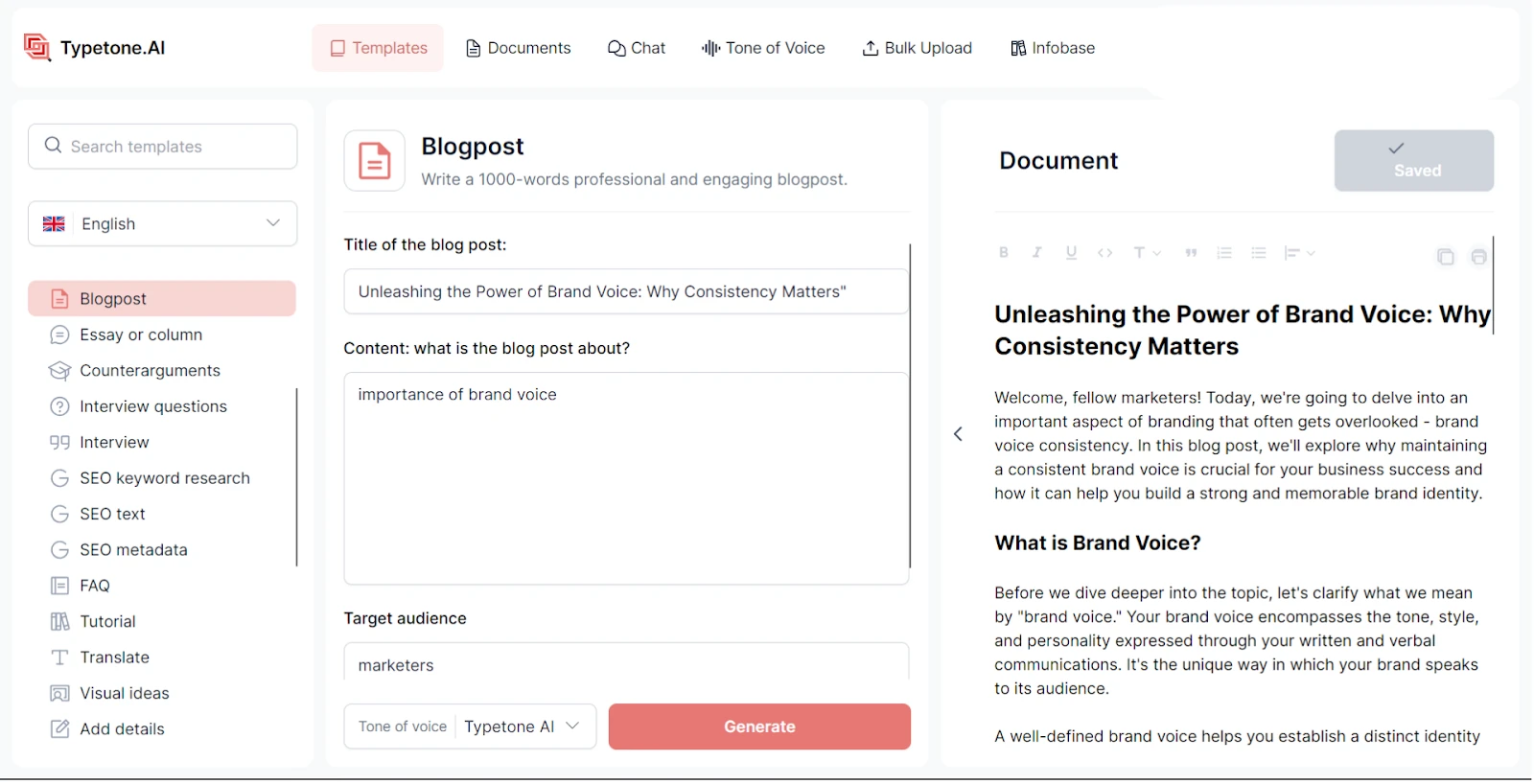 Modèle d'article de blog Typetone AI pour créer du contenu