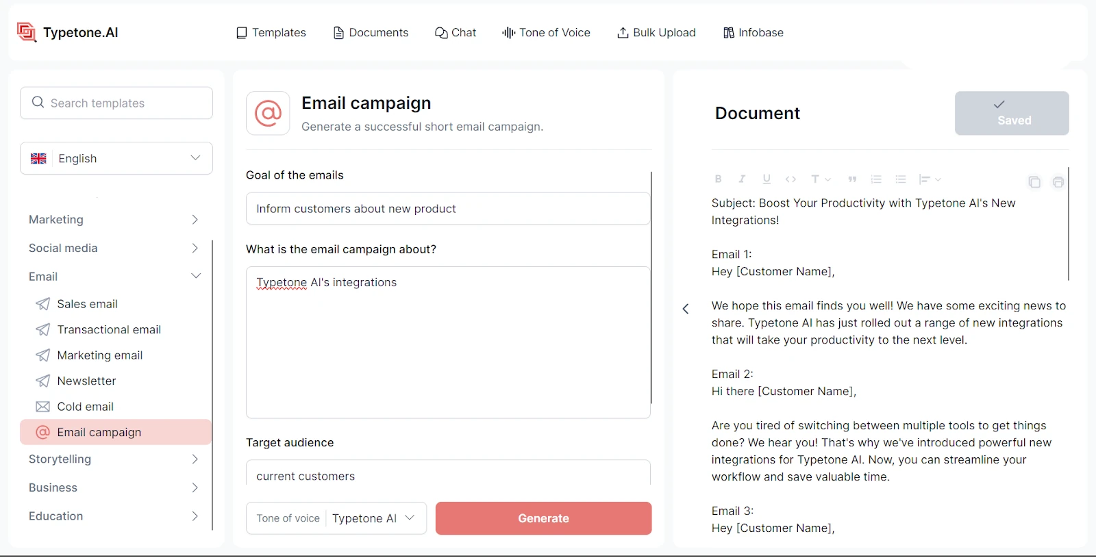 Modèle de campagne e-mail Typetone AI pour créer du contenu