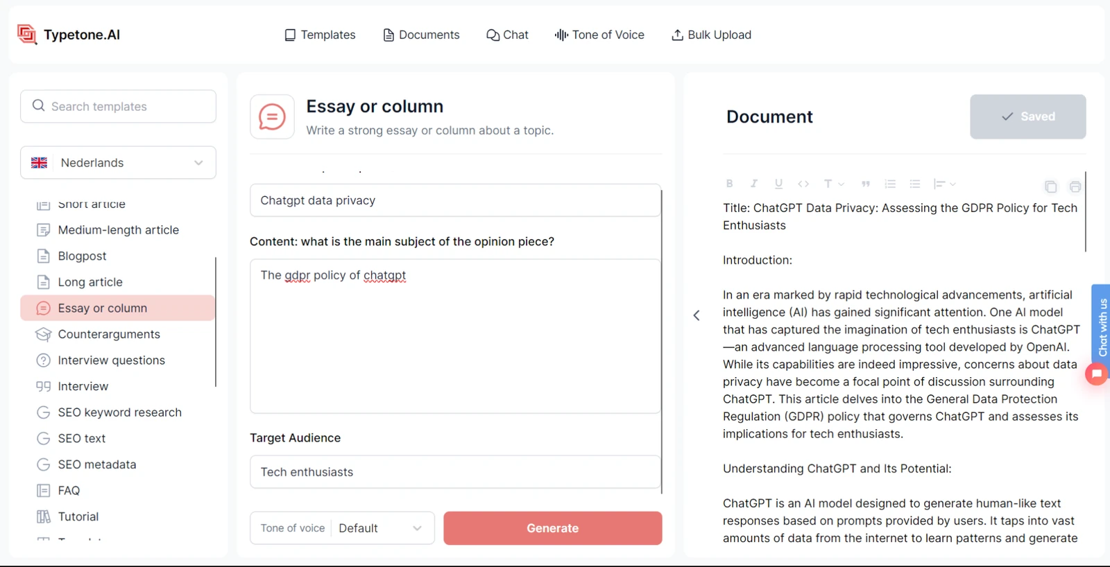 Modèle d'essay writer Typetone AI