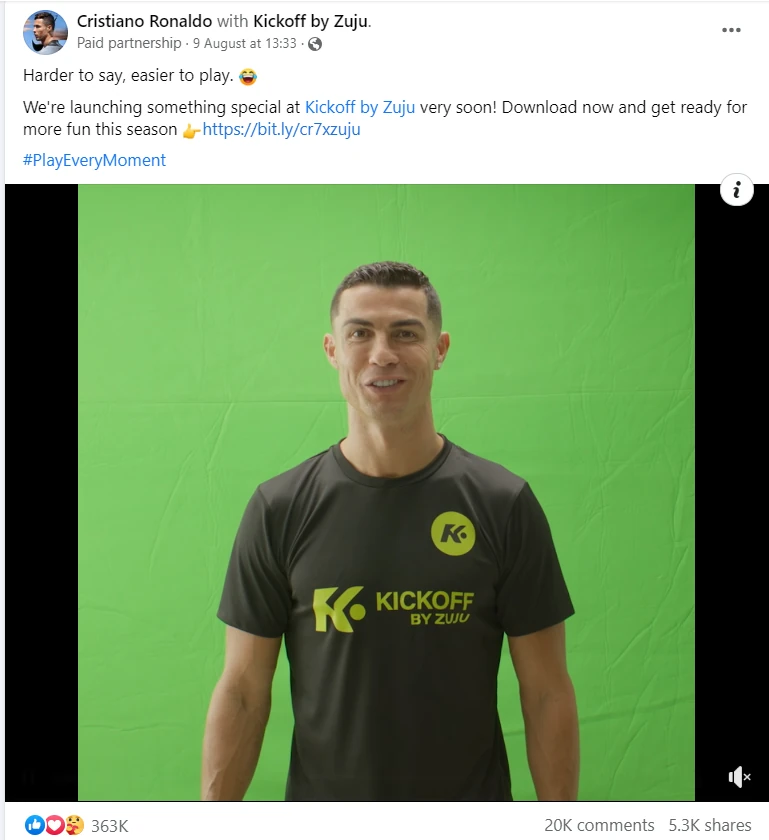 Exemple de publicité Facebook Cristiano Ronaldo