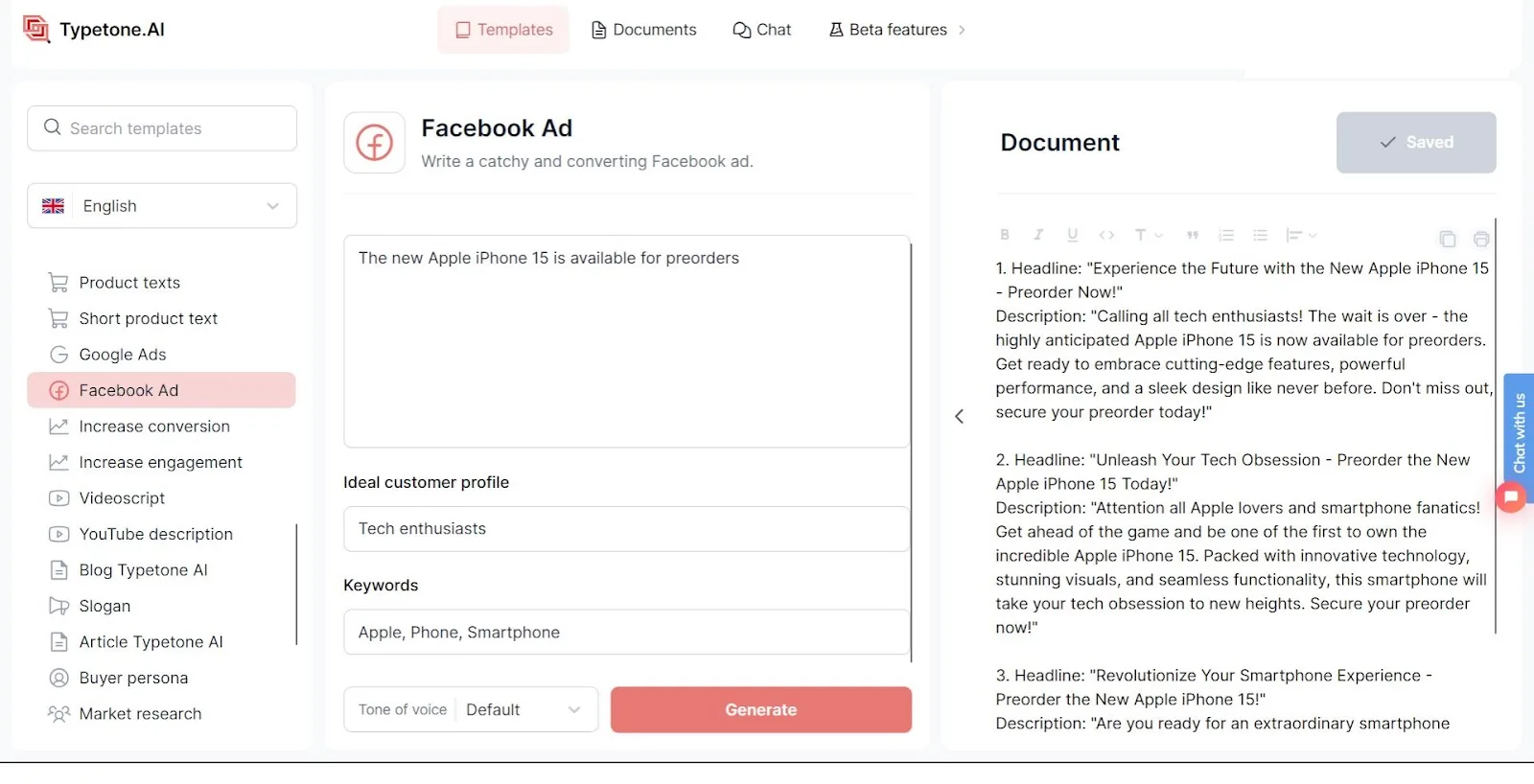 Modèle de publication publicitaire Facebook Typetone AI
