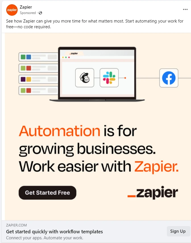 Exemple de publicité Facebook de génération de leads Zapier