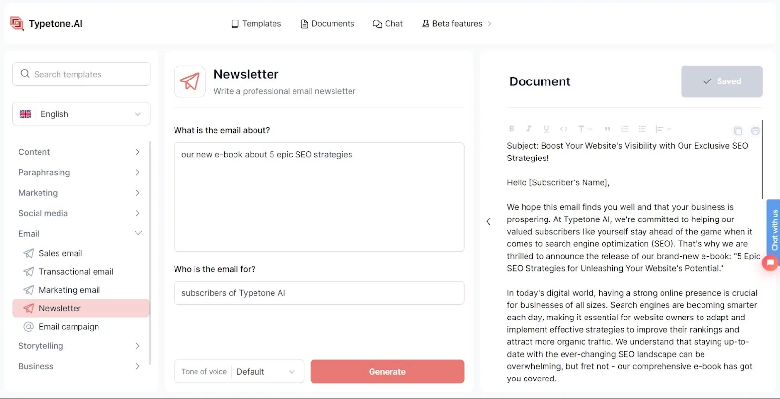 Modèle de newsletter e-mail Typetone AI