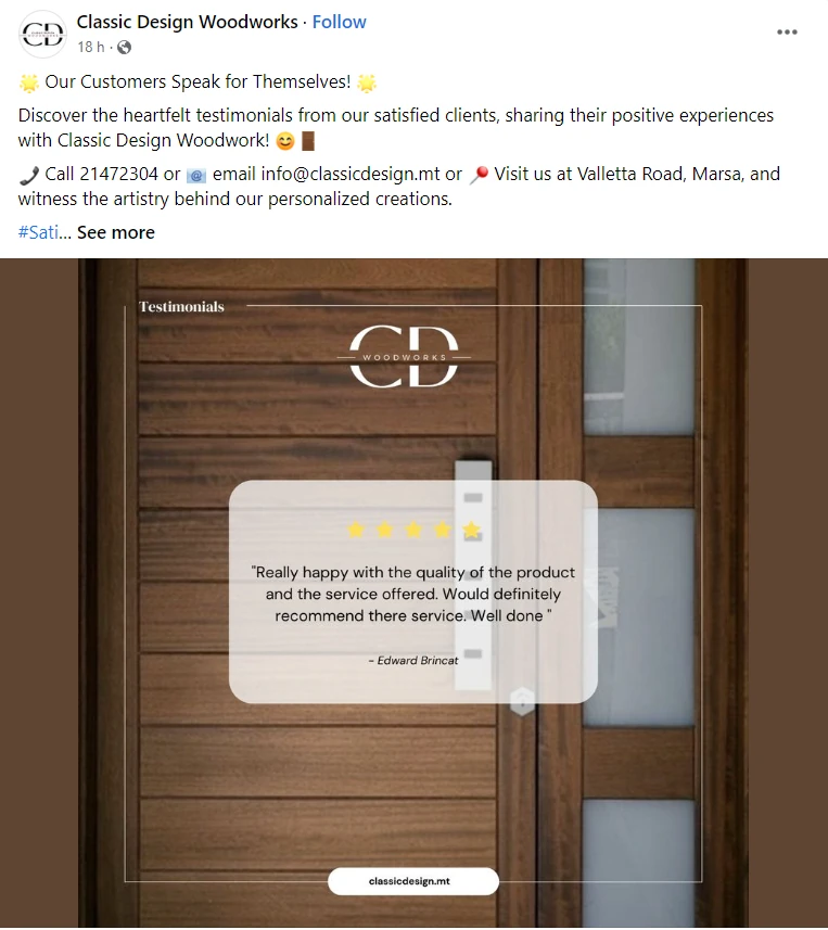 Exemple de publicité Facebook Classic Design Woodworks
