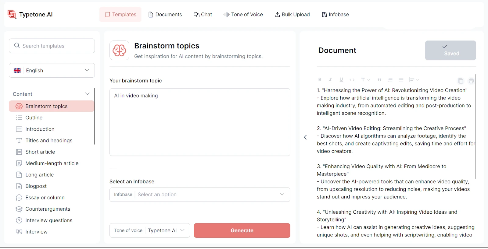 Typetone AI brainstorm template
