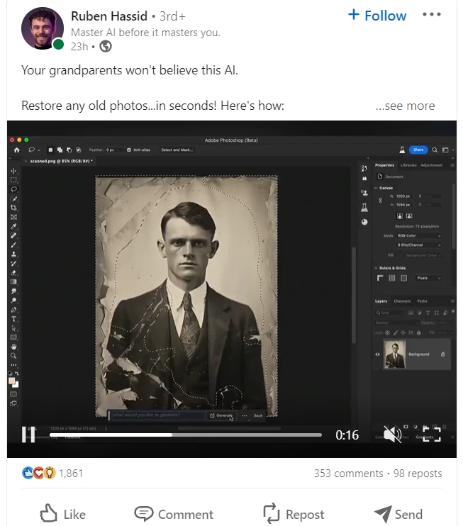 Les posts LinkedIn qui réussissent commencent par un hook intéressant, comme celui-ci de Ruben Hassid