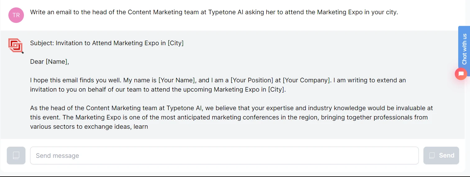 Prompting dans le chat Typetone pour générer un e-mail