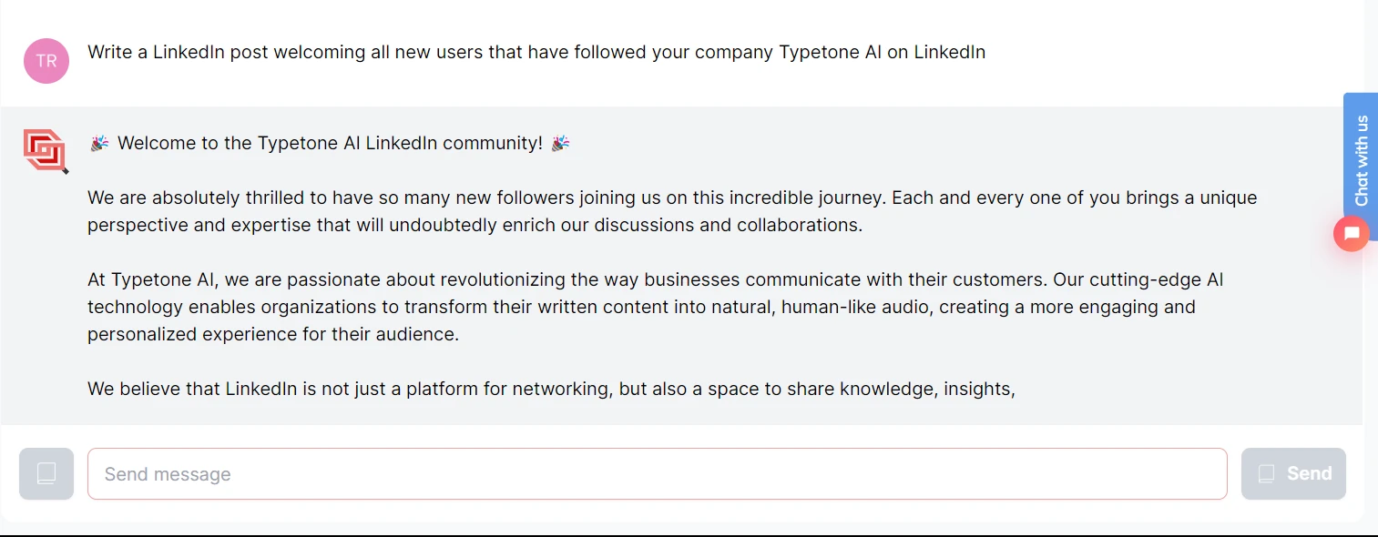 Prompting dans le chat Typetone pour générer un post de bienvenue pour les nouveaux utilisateurs